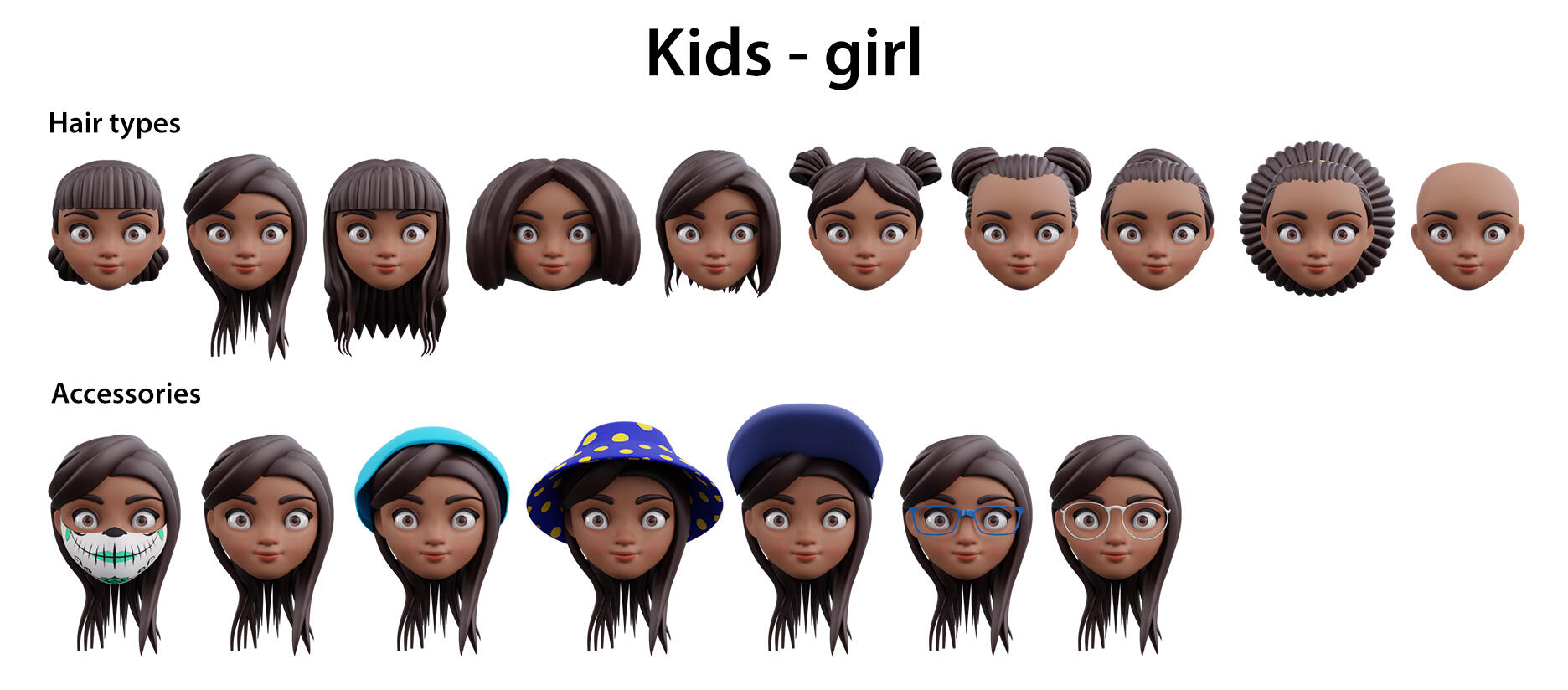 Various 3D heads of a girl Modular 3D heads of a girl