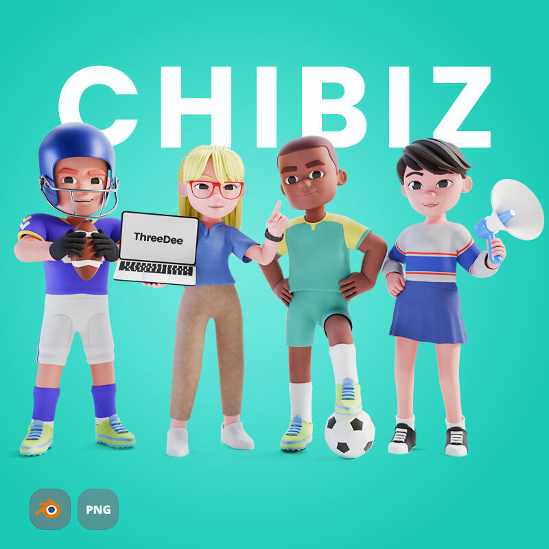 Chibiz - Cartoon chibi characters Chibi 3D models of modular characters. Various outfits, hair types and accessories included.
