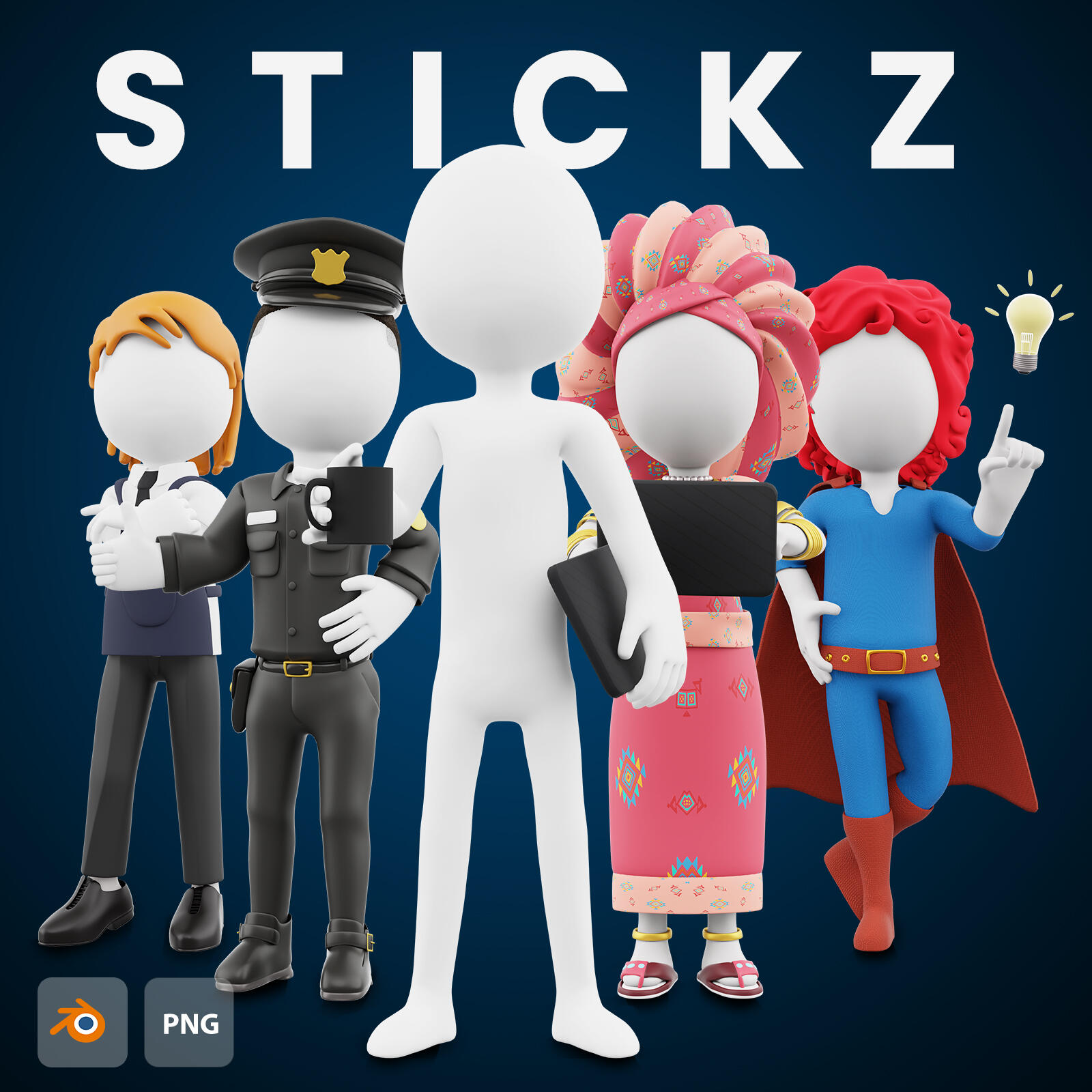 2 Billion combinations of 3D stick figures at your fingerprint. Easy to use, easy to customize in Blender.
