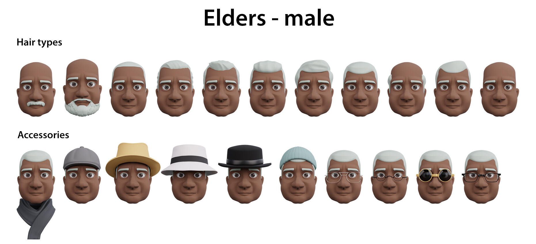 Various 3D heads of an elderly man Modular 3D heads of elderly man