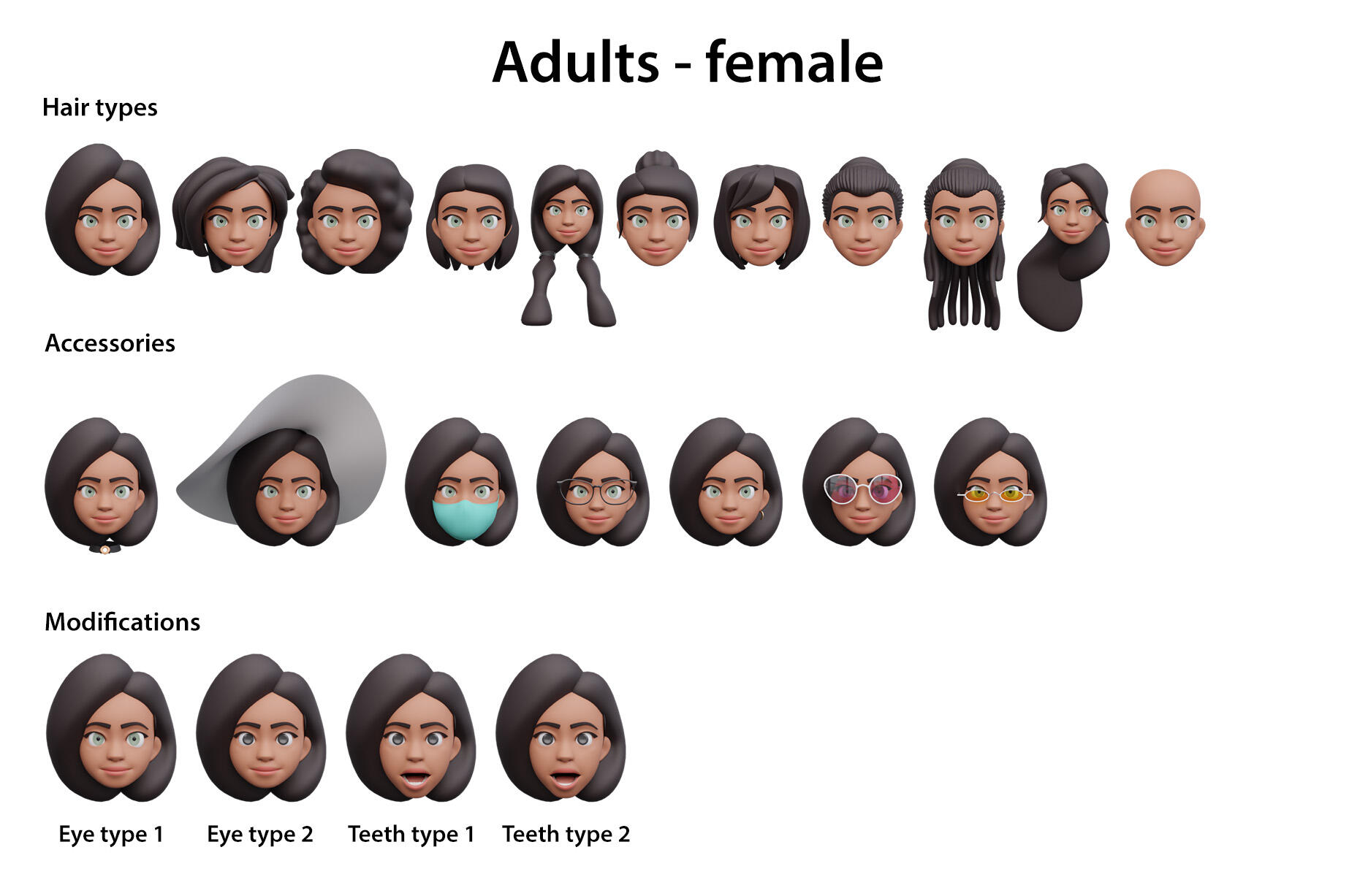 Various 3D heads of an elderly man Modular 3D heads of elderly man